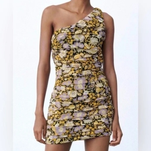 NWOT Zara Mini dress One shoulder Floral Draped Ruched Black Lavender Yellow M - Picture 1 of 16